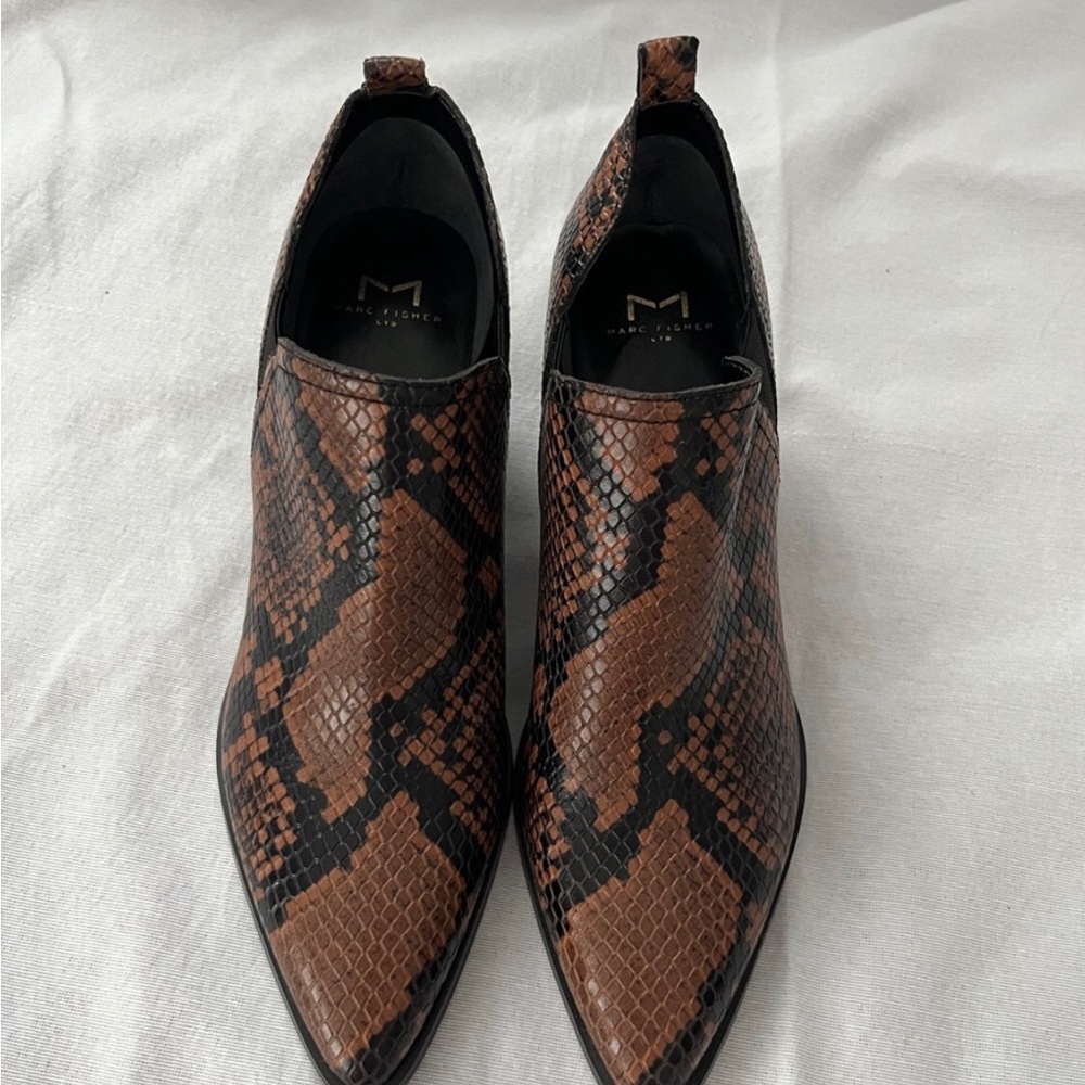 Marc Fisher Brown and Black Snake-Print Pointed Ankle Booties